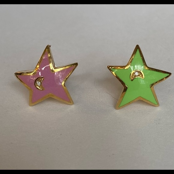 Solid 18KT Yellow Gold with Enamel Star Swiss earrings with Diamond Moons - Picture 4 of 9